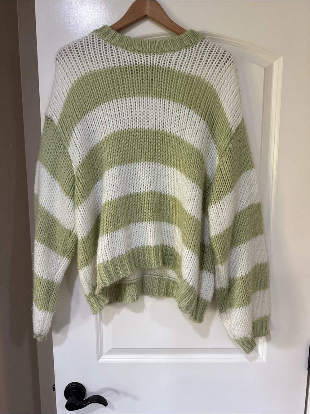 Striped Cowl-Neck Pullover Sweater in Sage and White